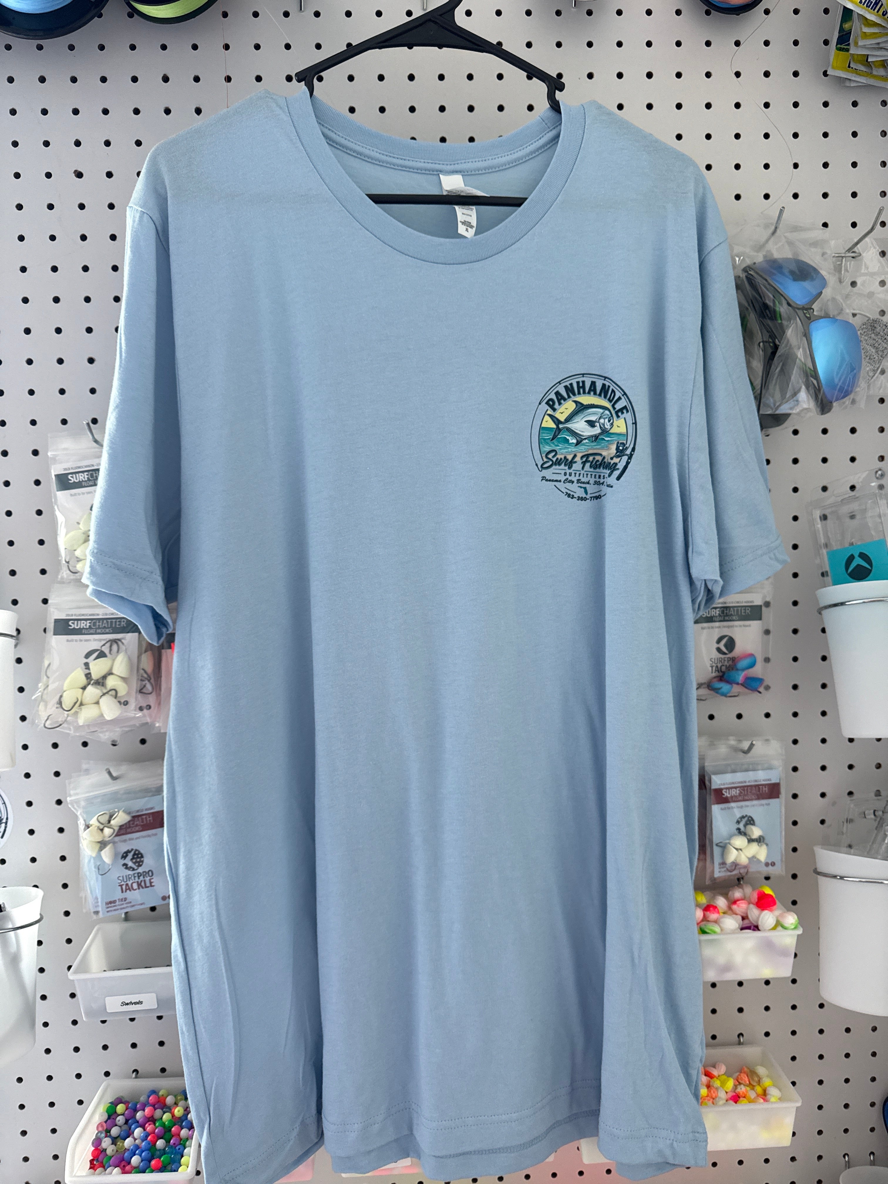 Panhandle Surf Fishing Outfitters baby blue t-shirt - front logo