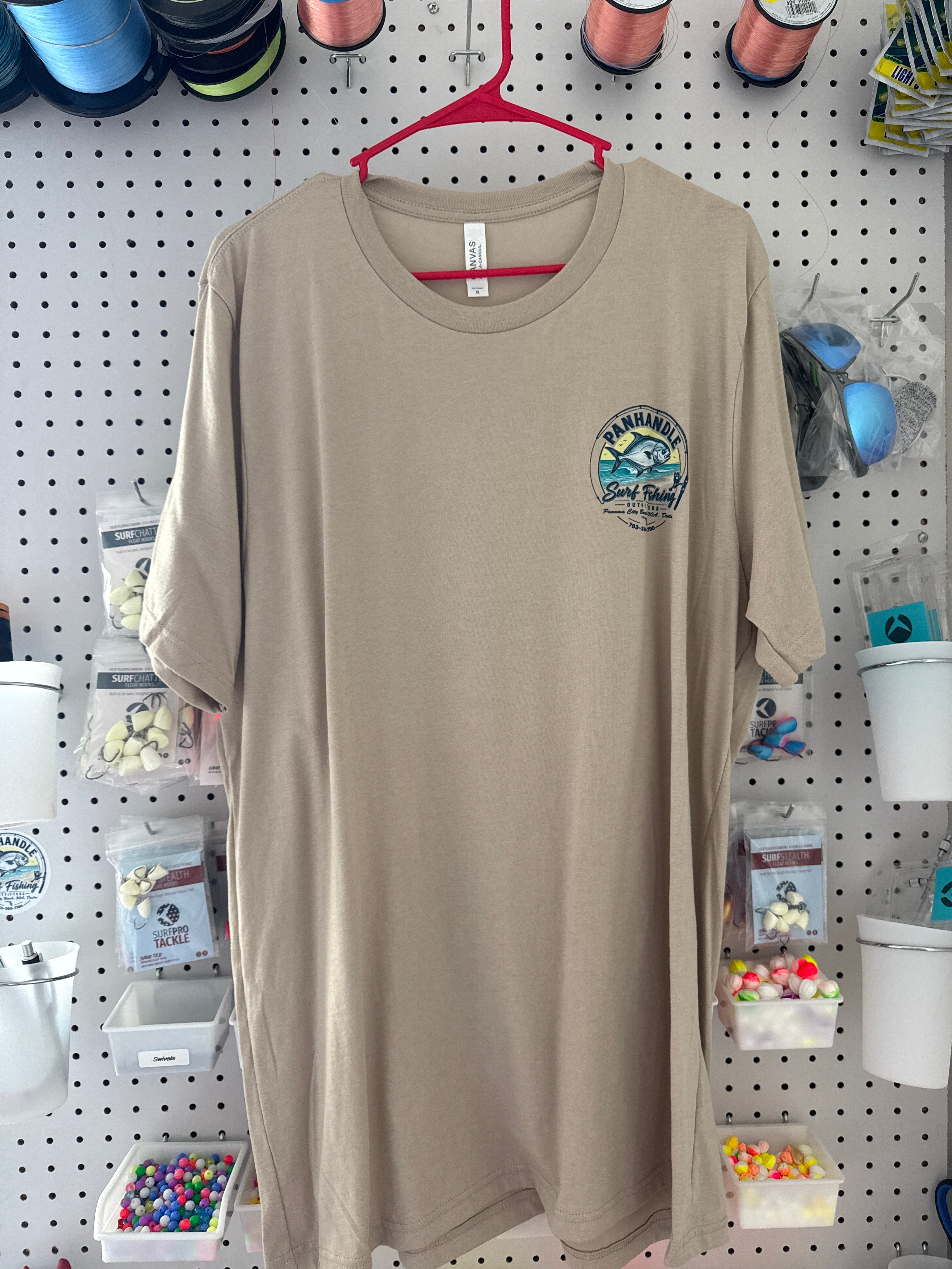 Panhandle Surf Fishing Outfitters tan khaki t-shirt - front logo