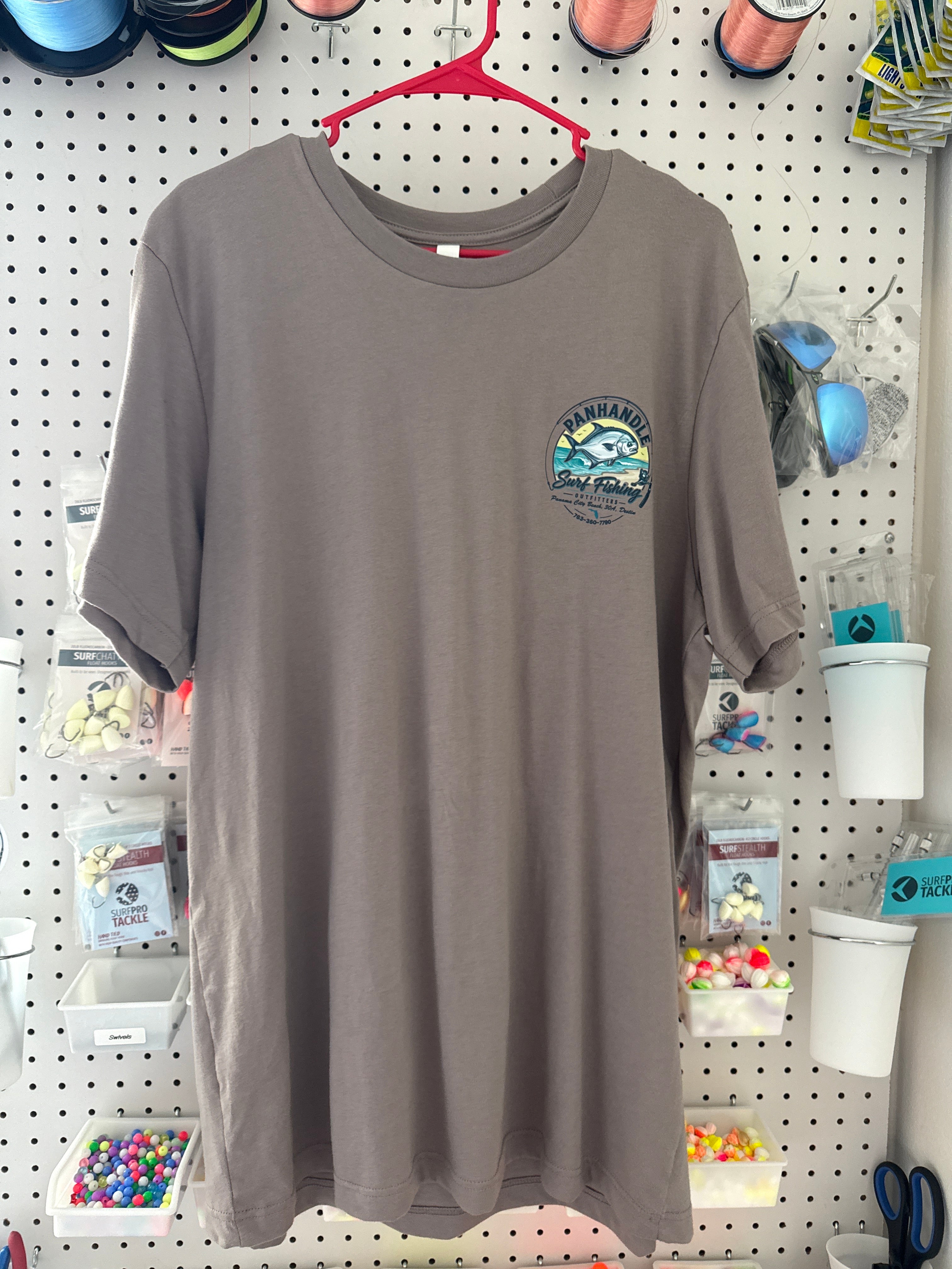 Panhandle Surf Fishing Outfitters gray taupe t-shirt - front logo