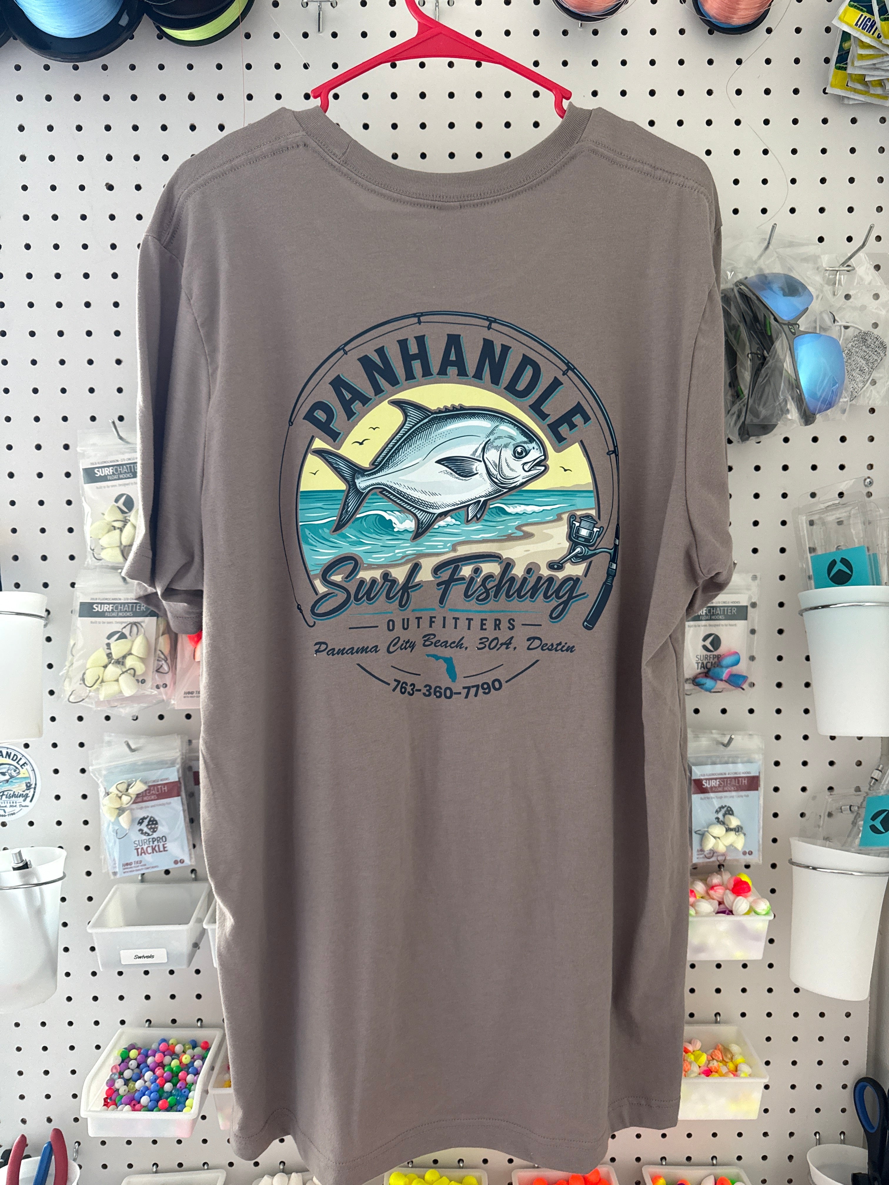 Panhandle Surf Fishing Outfitters gray taupe t-shirt - back graphic