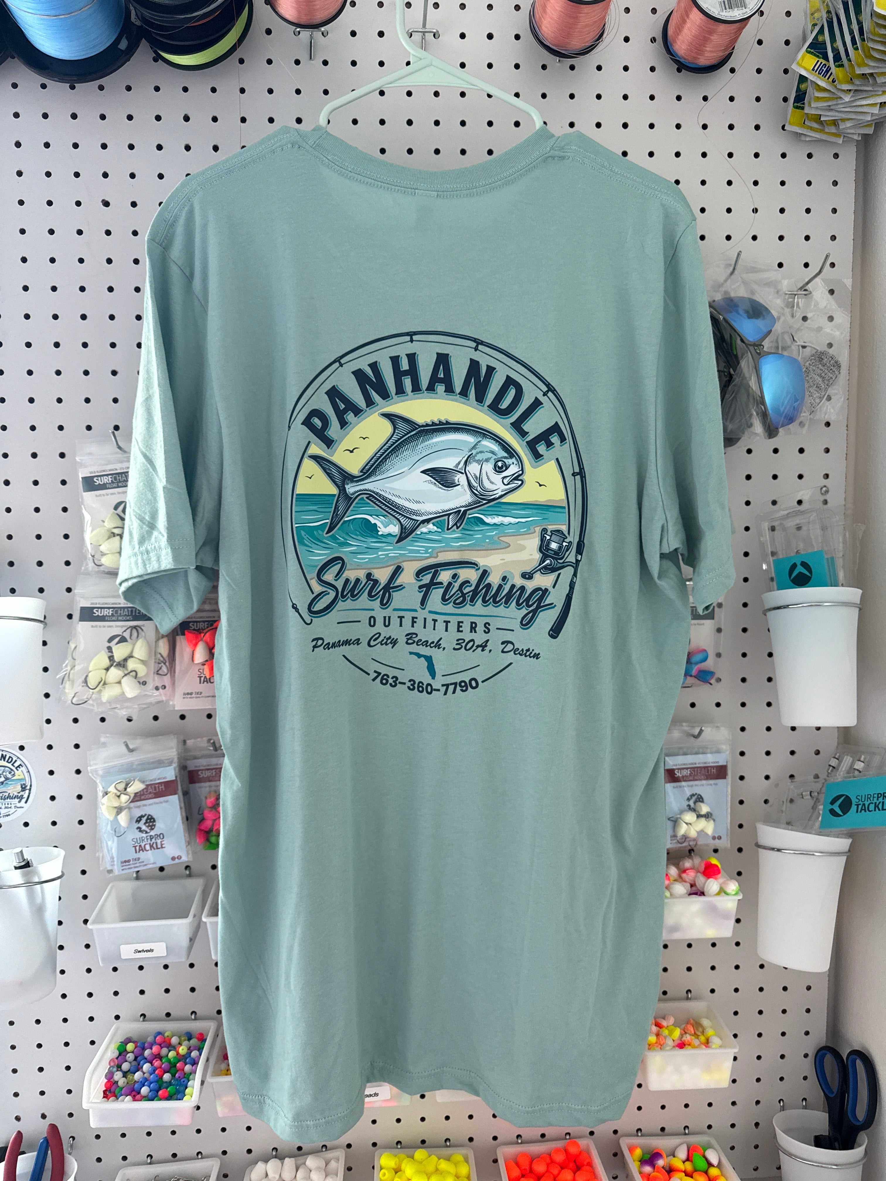Panhandle Surf Fishing Outfitters sage green t-shirt - back graphic
