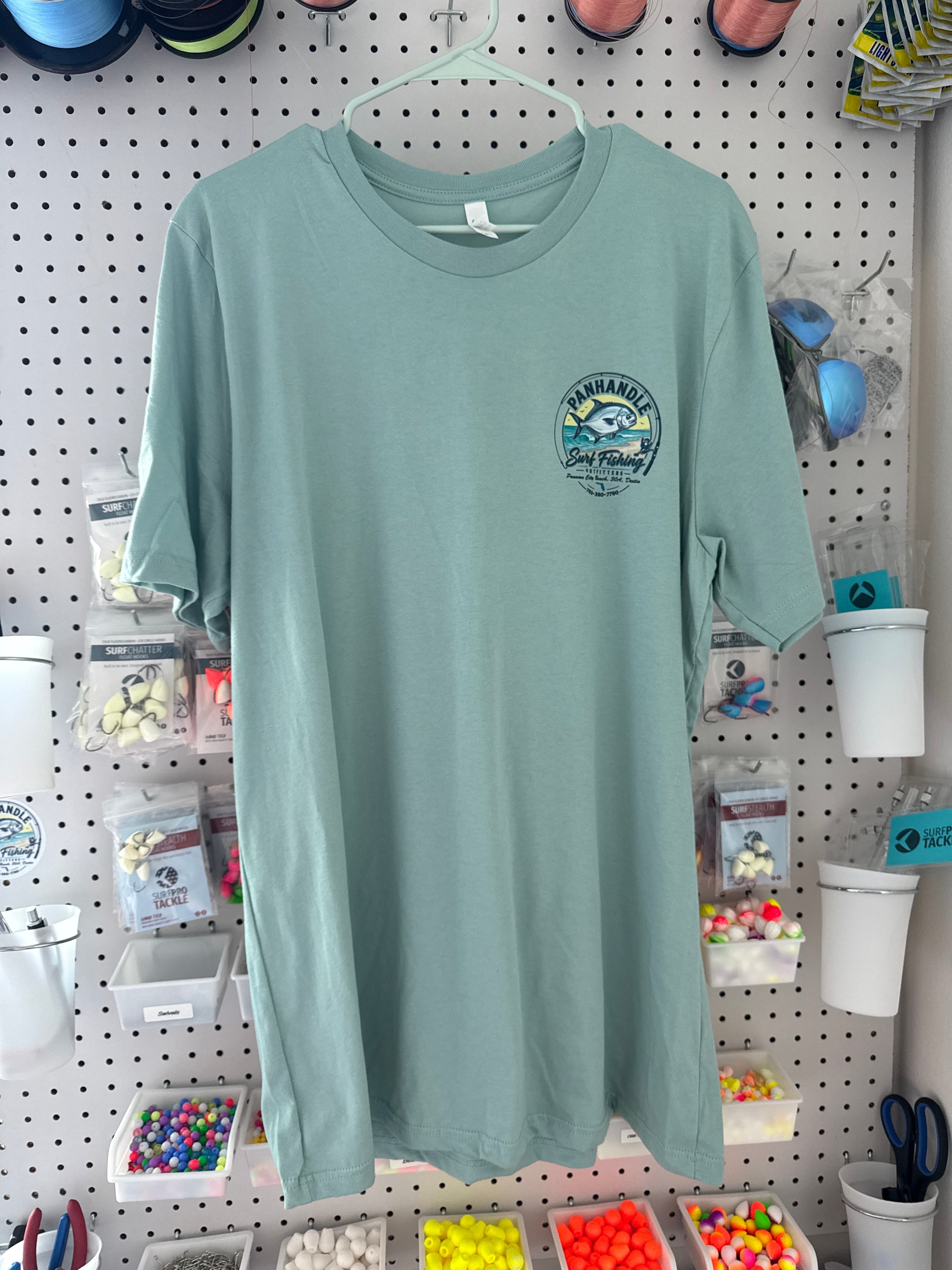Panhandle Surf Fishing Outfitters sage green t-shirt - front logo