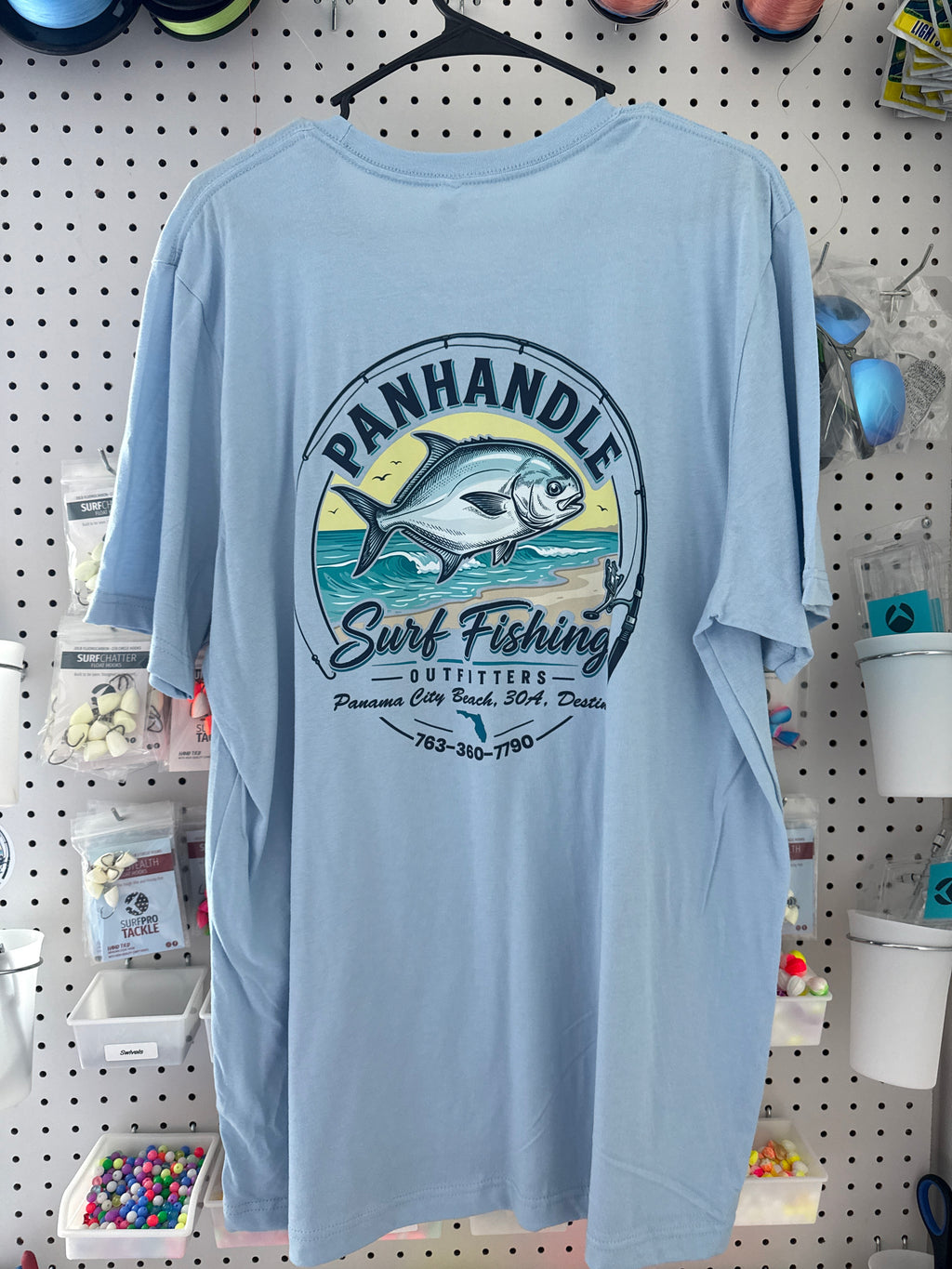 Panhandle Surf Fishing Outfitters baby blue t-shirt - back graphic