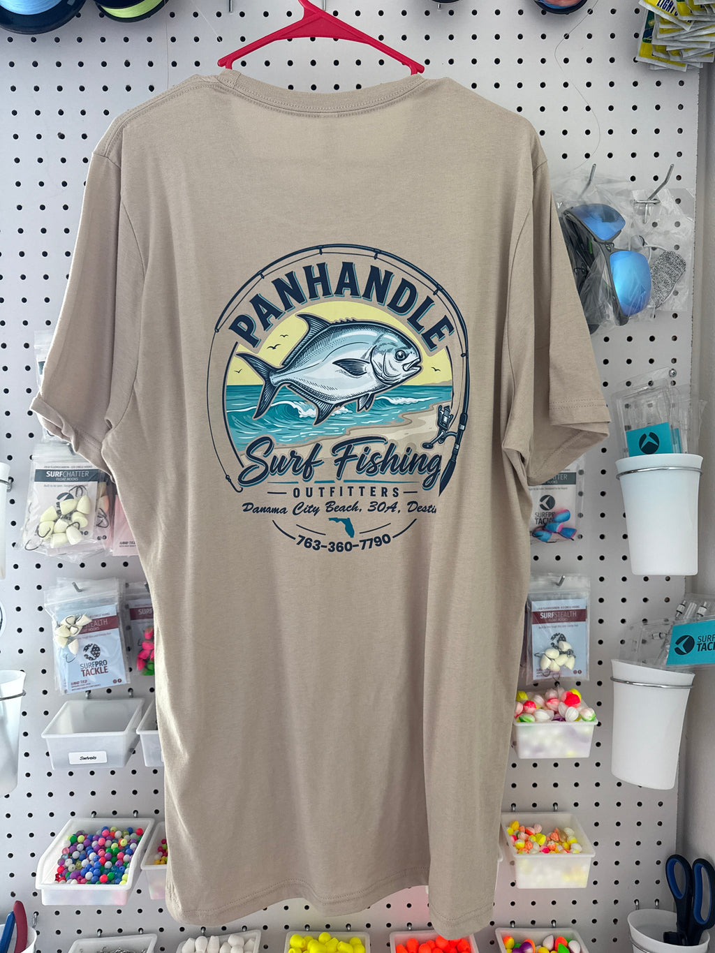 Panhandle Surf Fishing Outfitters tan khaki t-shirt - back graphic